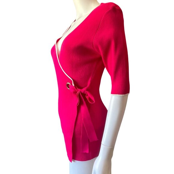 Select + Trend Hot Pink Ribbed Wrap Top w/ Bow Detail & Half Sleeves Womens Sz L - Picture 3 of 7
